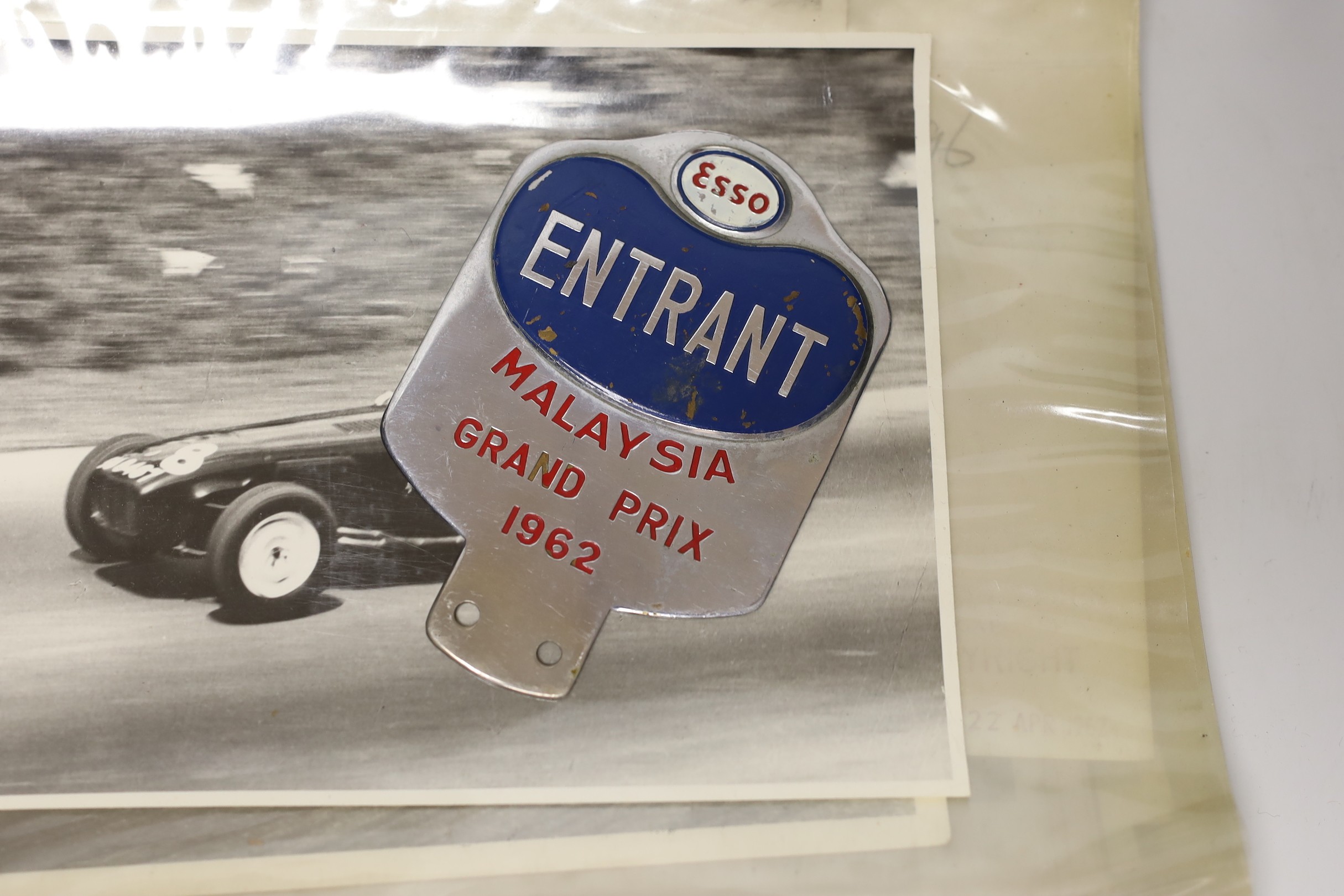 Automobilia- Loris Goring photos, Singapore, Thompson Road Grand Prix 1957-66, 1962 car badge etc